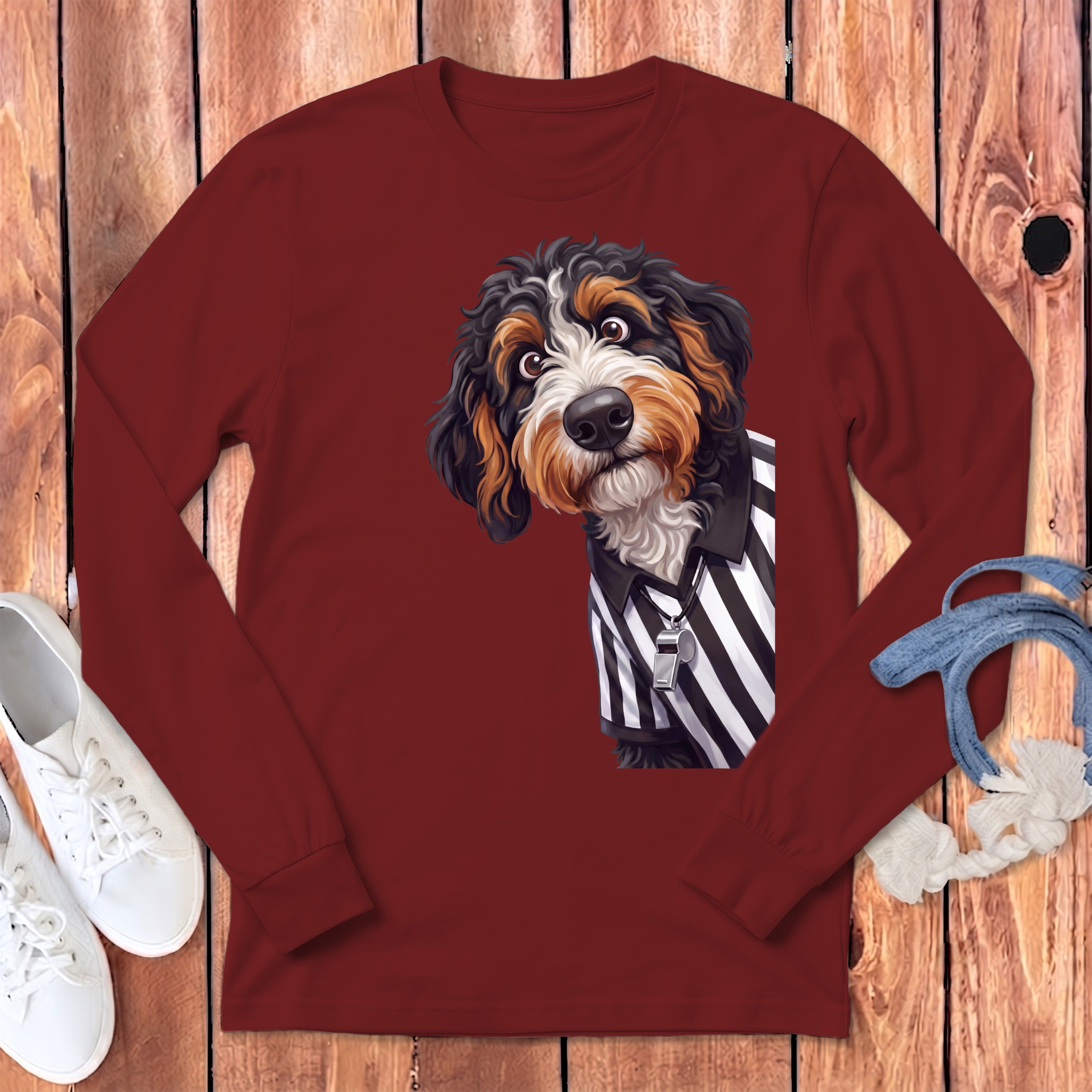 Bernedoodle dog wearing a black and white striped referee shirt with a whistle.