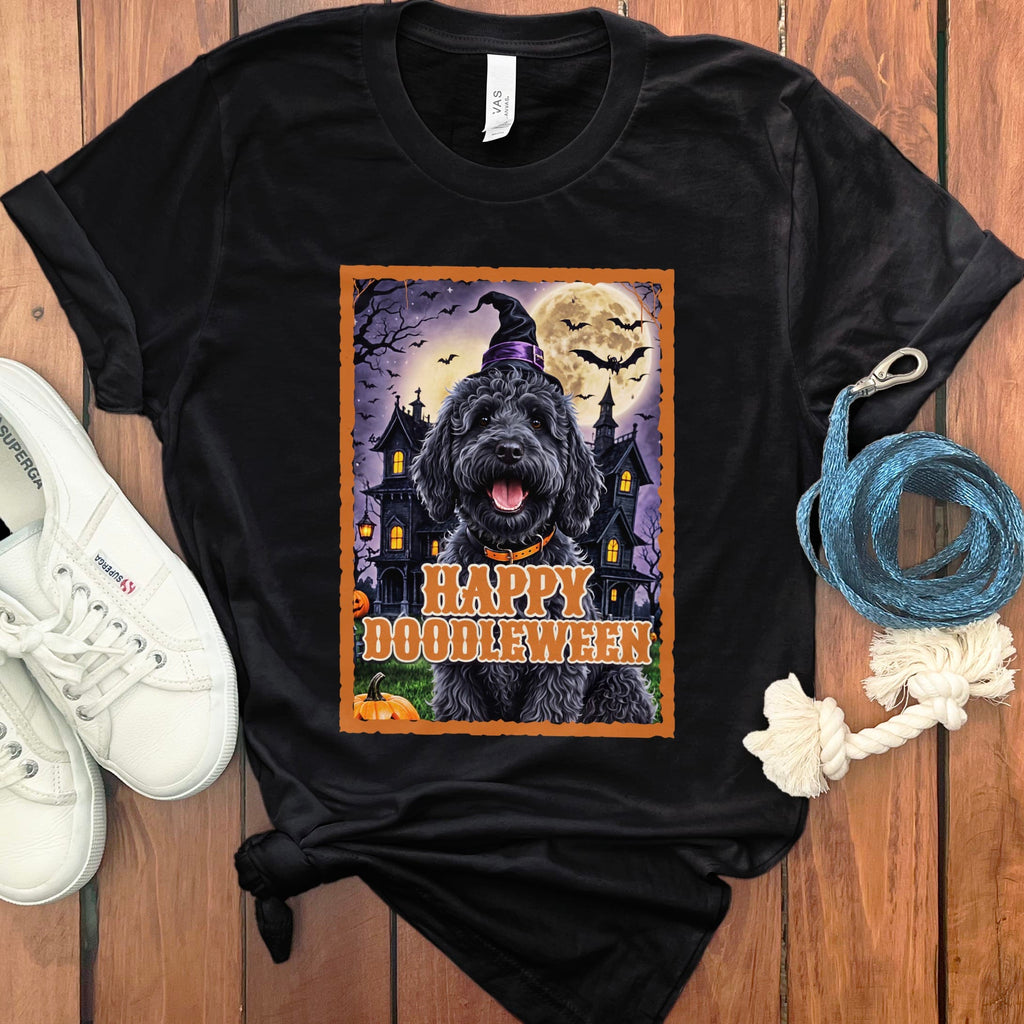 Black Goldnedoodle Happy Doodleween T-Shirt in Black / S by Puppy Jo