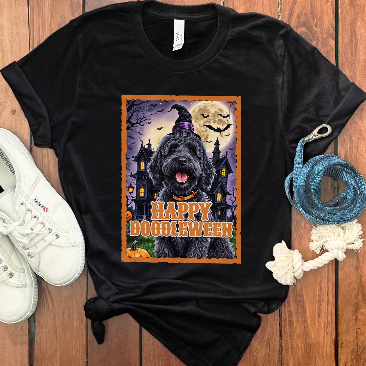 Black Goldnedoodle Happy Doodleween T-Shirt in Black / S by Puppy Jo