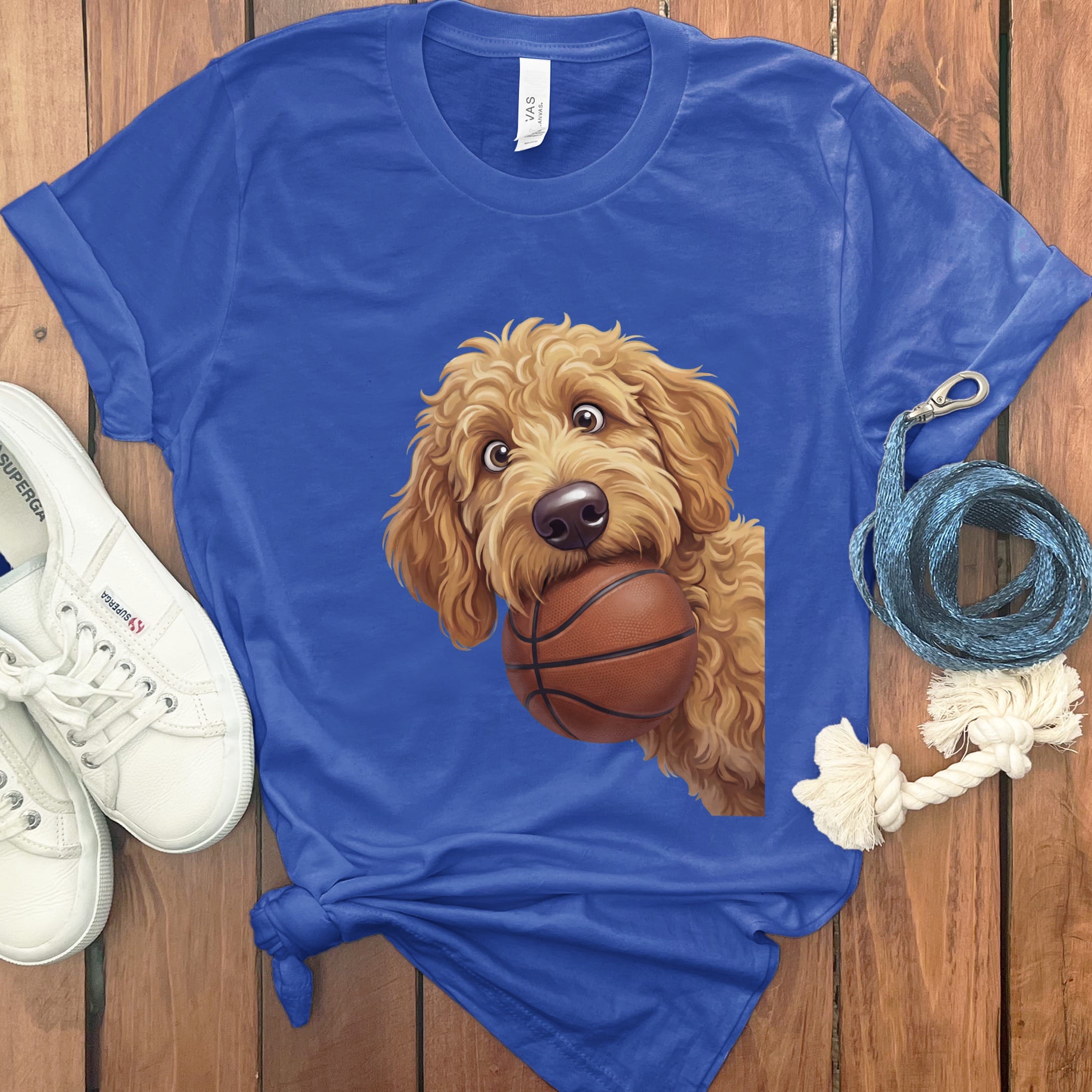 Apricot Goldendoodle Basketball T-Shirt in True Royal / S by Puppy Jo