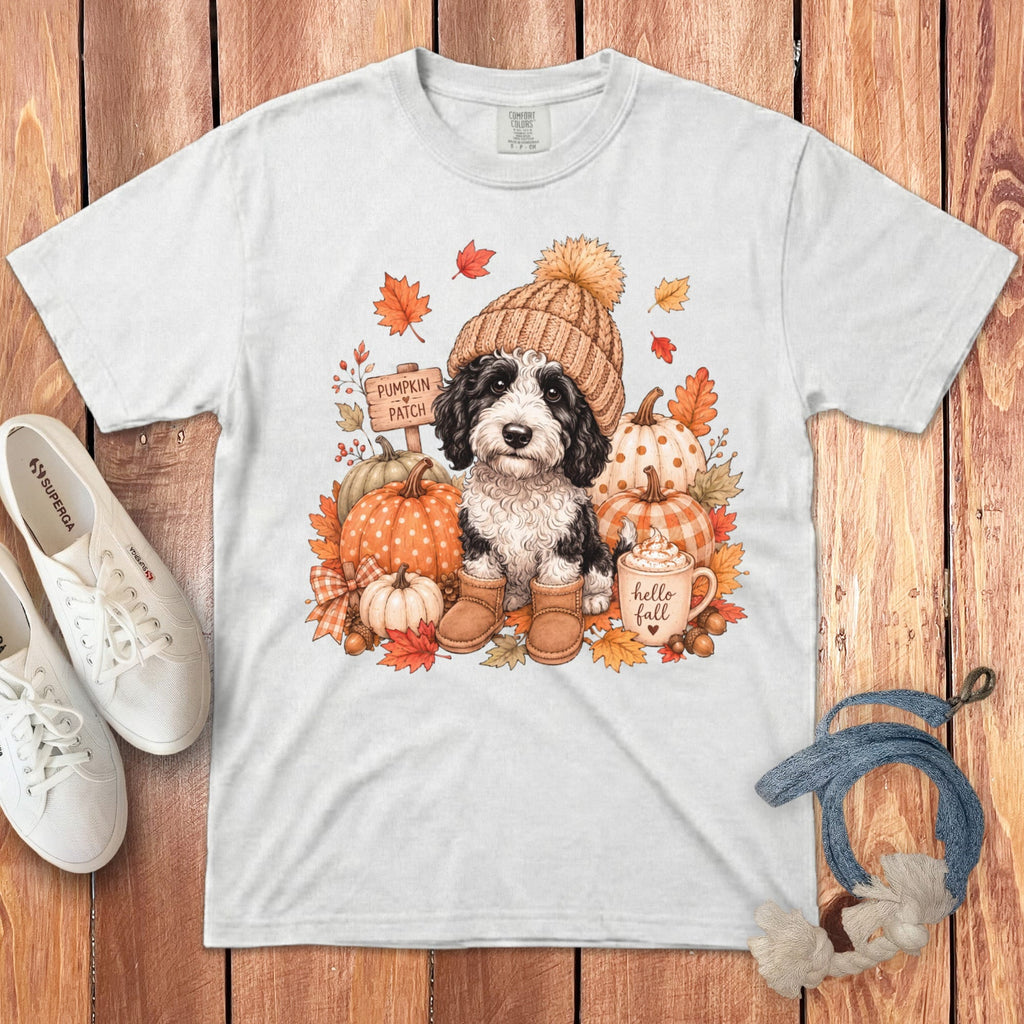 Sheepadoodle Pumpkin Patch Signature T-Shirt in White / S by Puppy Jo