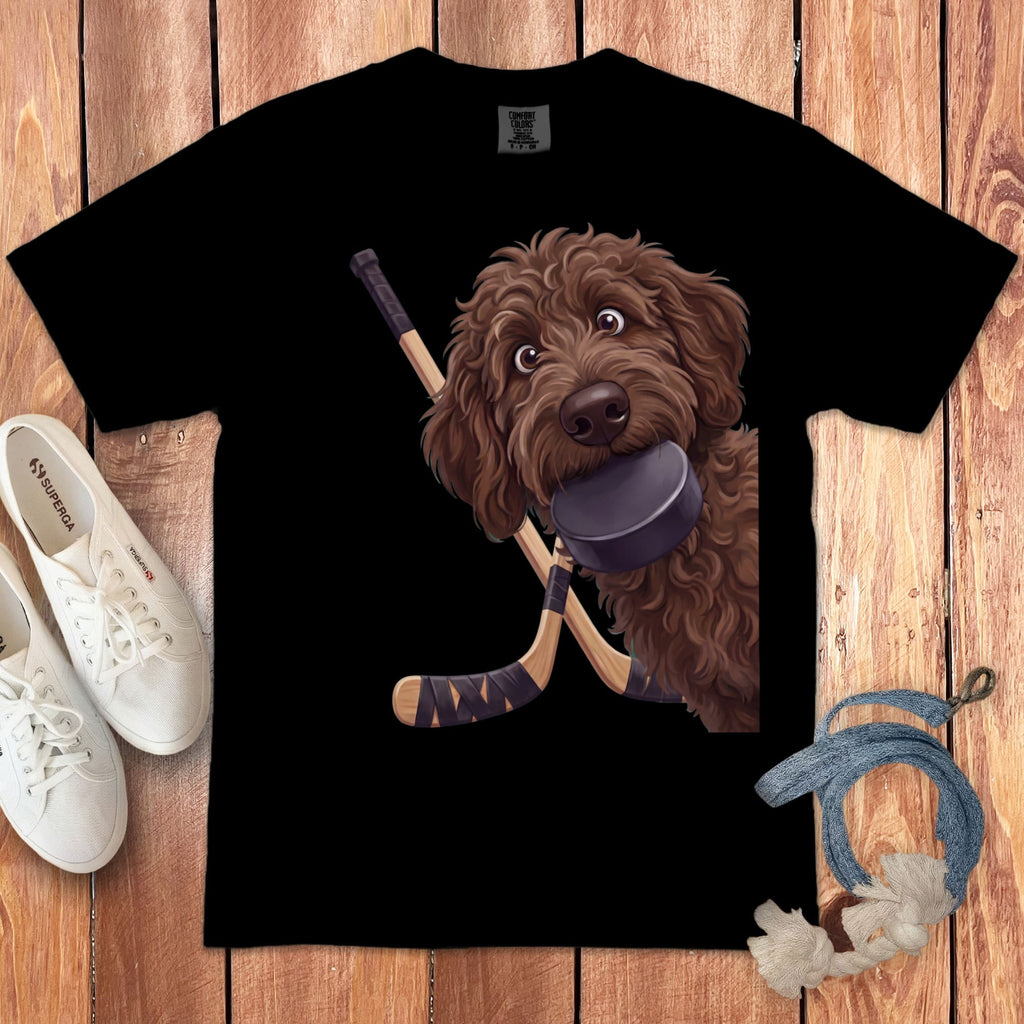 Chocolate Goldendoodle Hockey Signature T-Shirt in Black / S by Puppy Jo