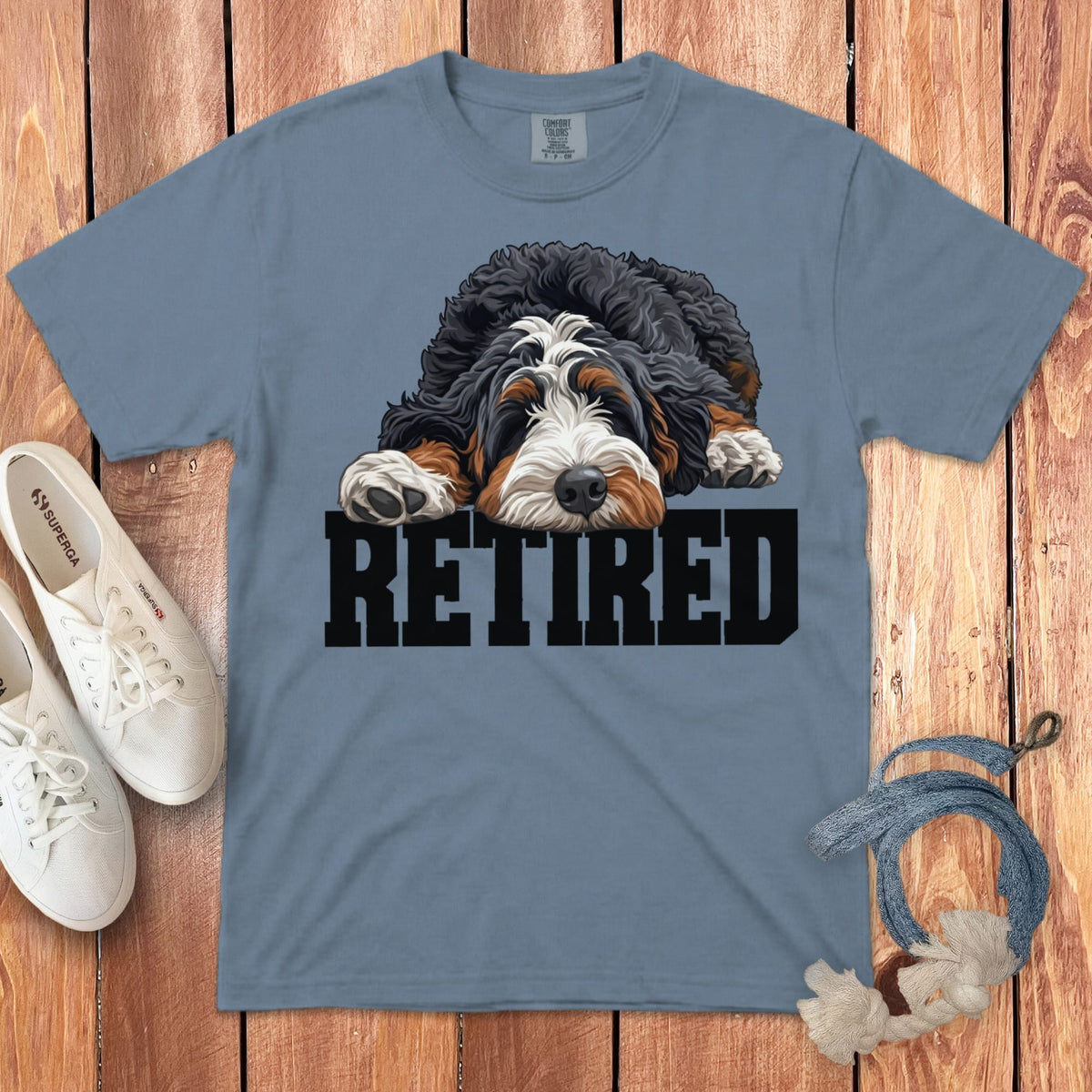 Retired Sleeping Bernedoodle Signature T-Shirt in Blue Jean / S by Puppy Jo
