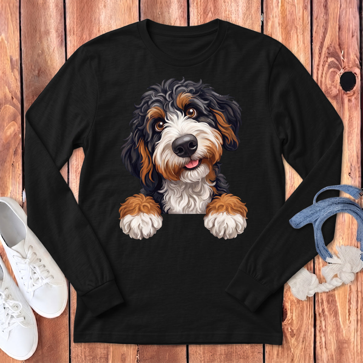 Bernedoodle dog illustration on a black long-sleeve shirt.