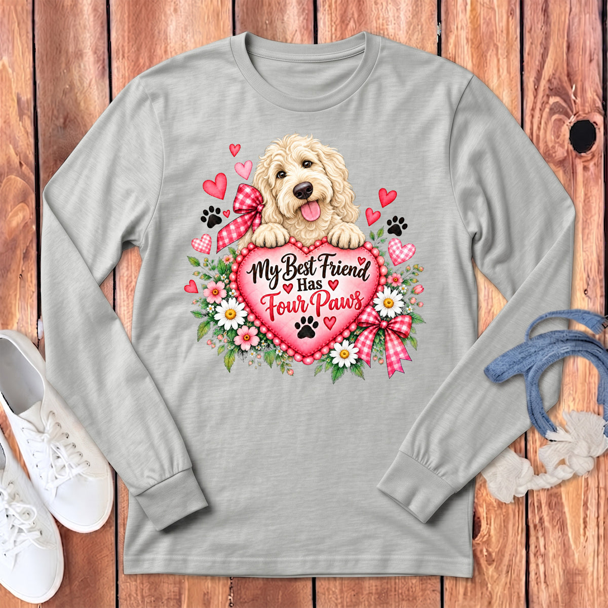 Light gray long-sleeve t-shirt with a graphic of a fluffy dog holding a heart with text reading My Best Friend Has Four Paws.
