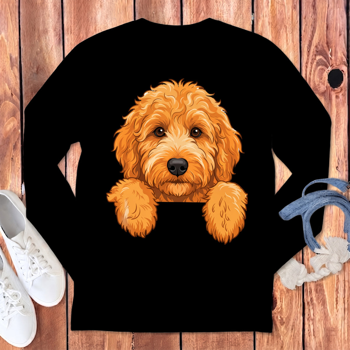 Black long sleeve shirt featuring an illustration of a golden doodle dog peeking over the collar.