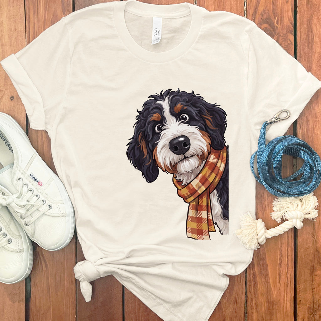 Cream t-shirt with a Bernese Mountain Dog wearing a tartan scarf graphic.