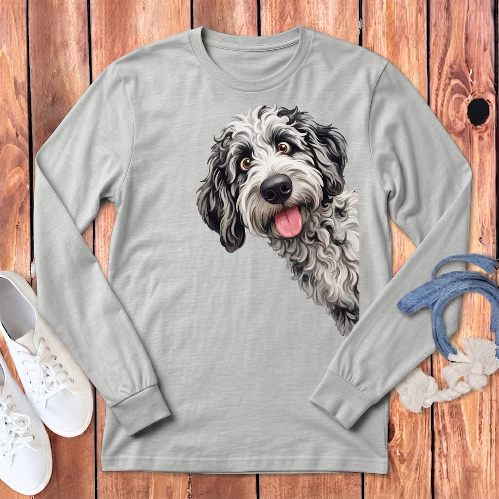 Light grey long-sleeved shirt with a black and white dog graphic.
