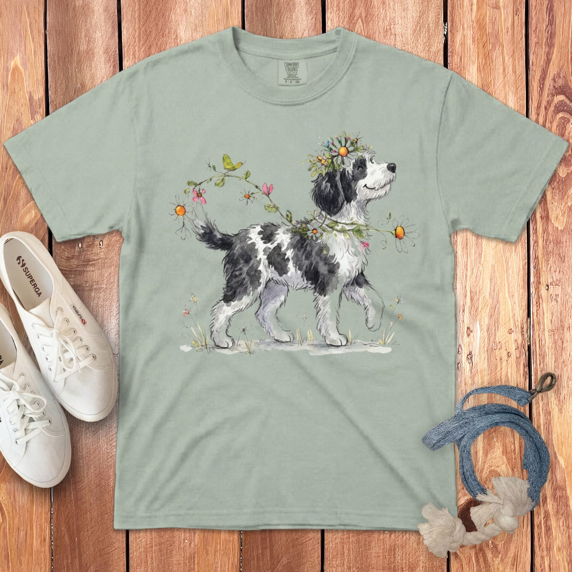 T-shirt with watercolor painting of a black and white dog wearing a flower crown.