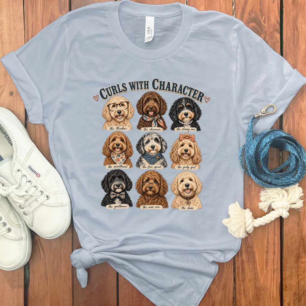 Light blue t-shirt with nine doodles and text "Curls With Character".