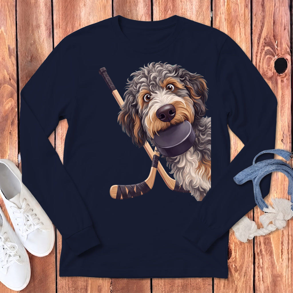 Aussiedoodle Hockey Long Sleeve T-Shirt in Navy / S by Puppy Jo