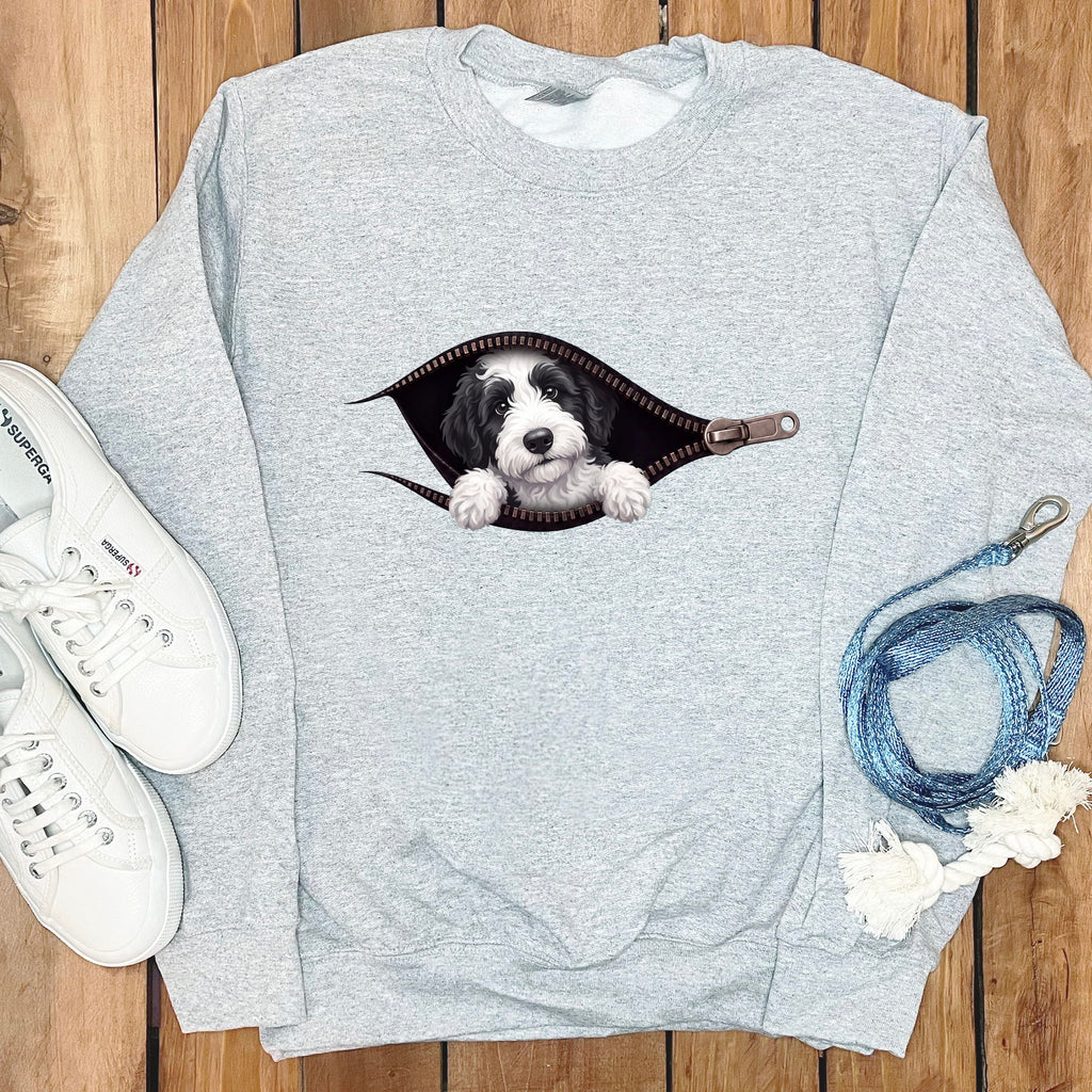 Sheepadoodle Peeking Zipper Sweatshirt in Sport Grey / S by Puppy Jo