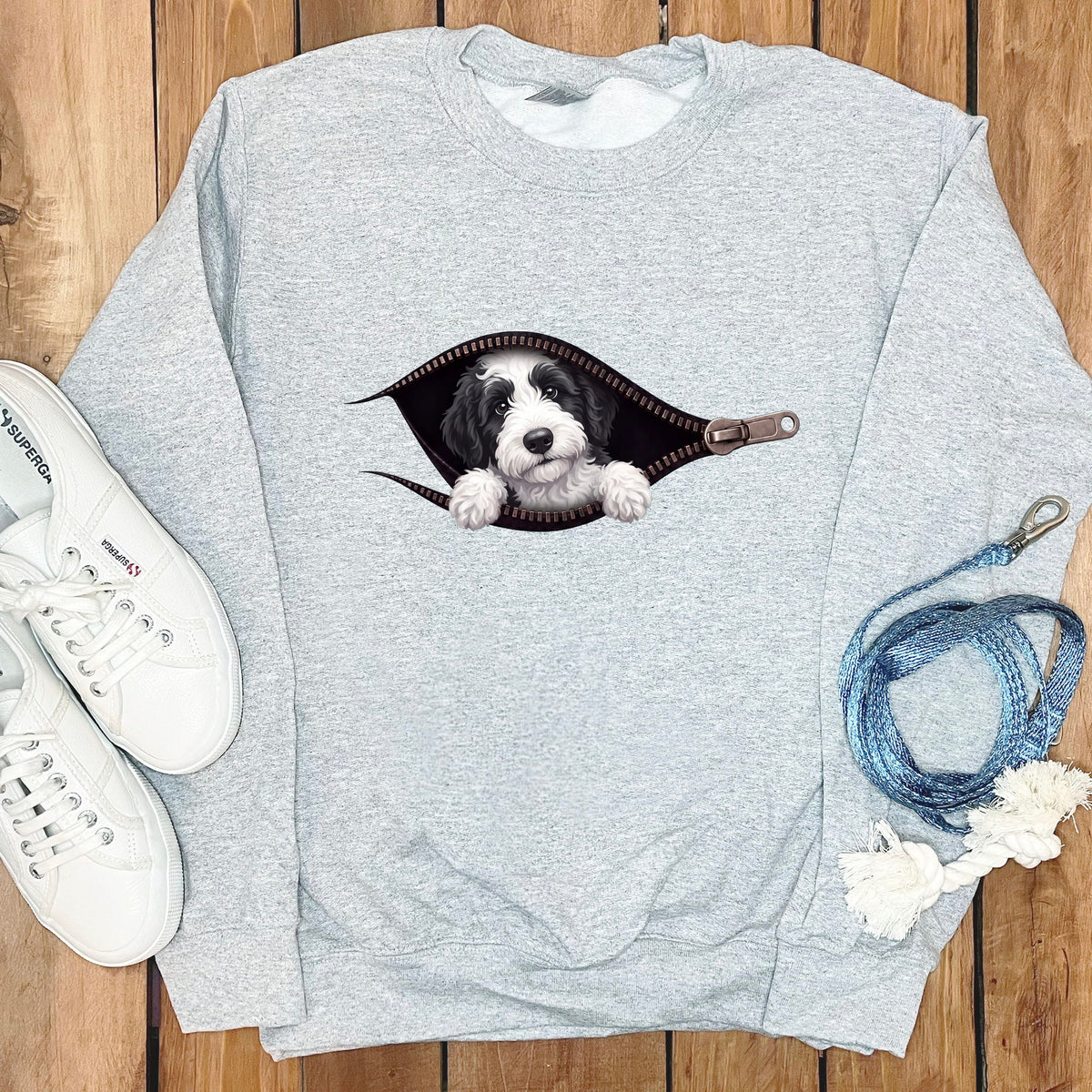 Sheepadoodle Peeking Zipper Sweatshirt in Sport Grey / S by Puppy Jo