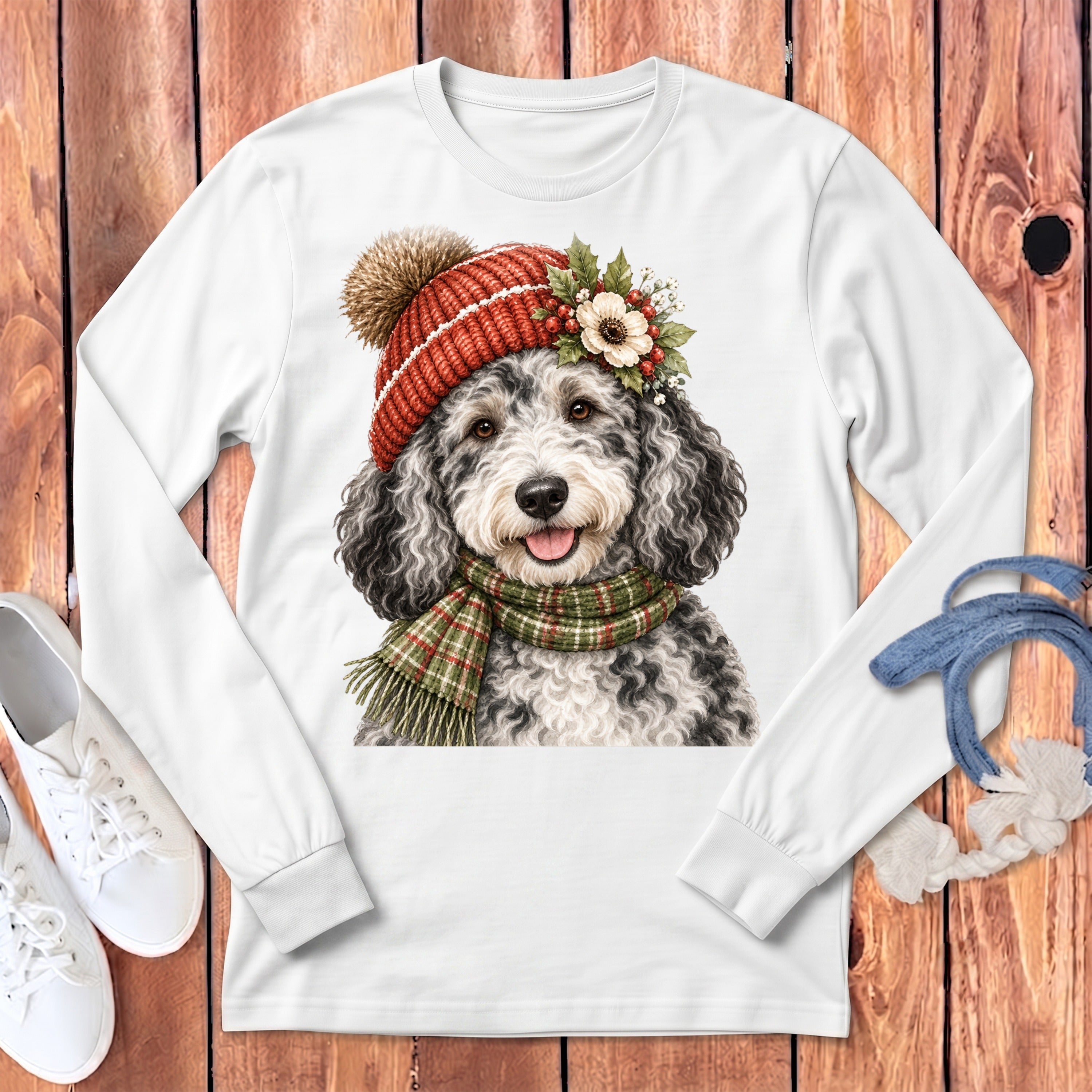 White long-sleeve shirt with a doodled dog wearing a knitted hat and scarf.