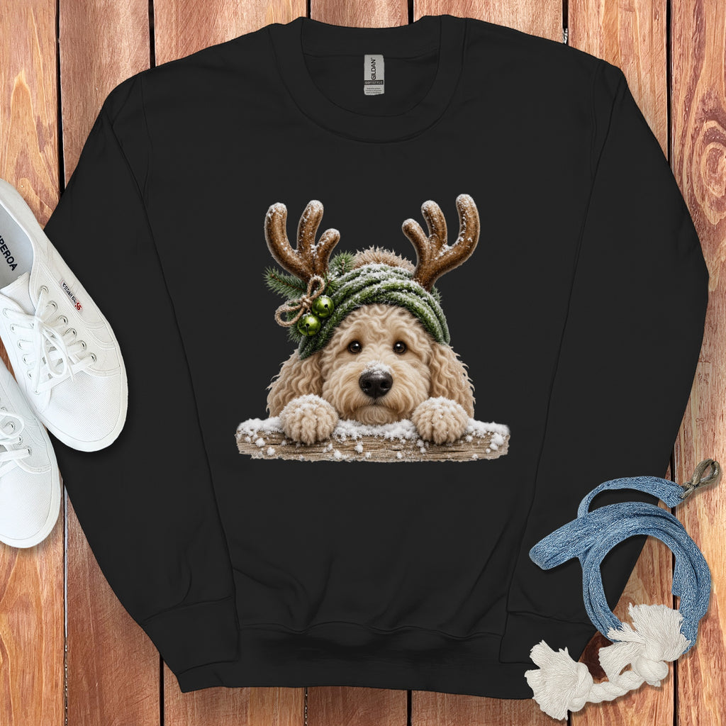 Black sweatshirt with a festive doodle dog wearing antlers and a hat.
