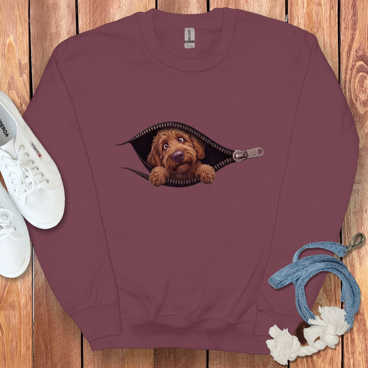 Chocolate Goldendoodle Peeking Zipper Sweatshirt in Maroon / S by Puppy Jo