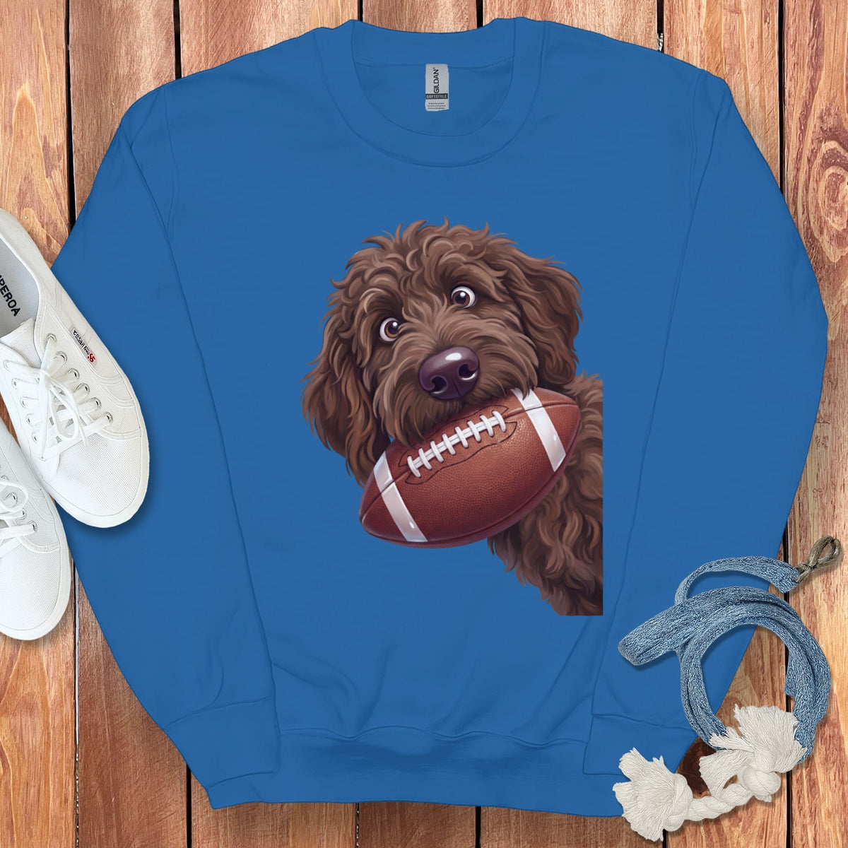 Chocolate Goldendoodle Football Sweatshirt in Royal / S by Puppy Jo