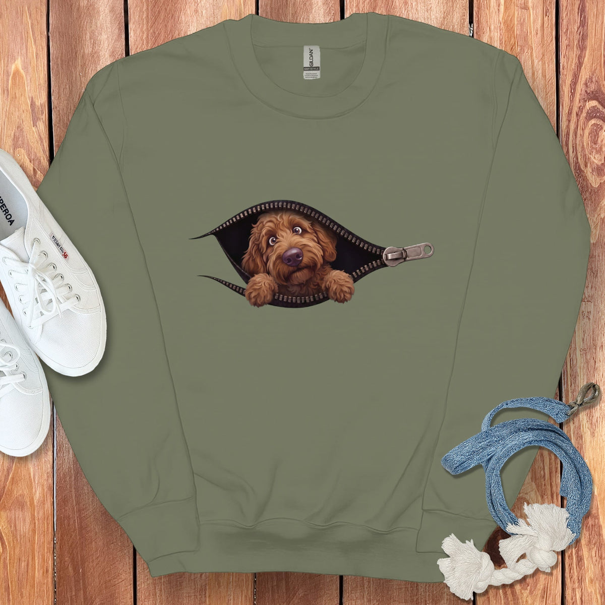 Chocolate Goldendoodle Peeking Zipper Sweatshirt in Military Green / S by Puppy Jo