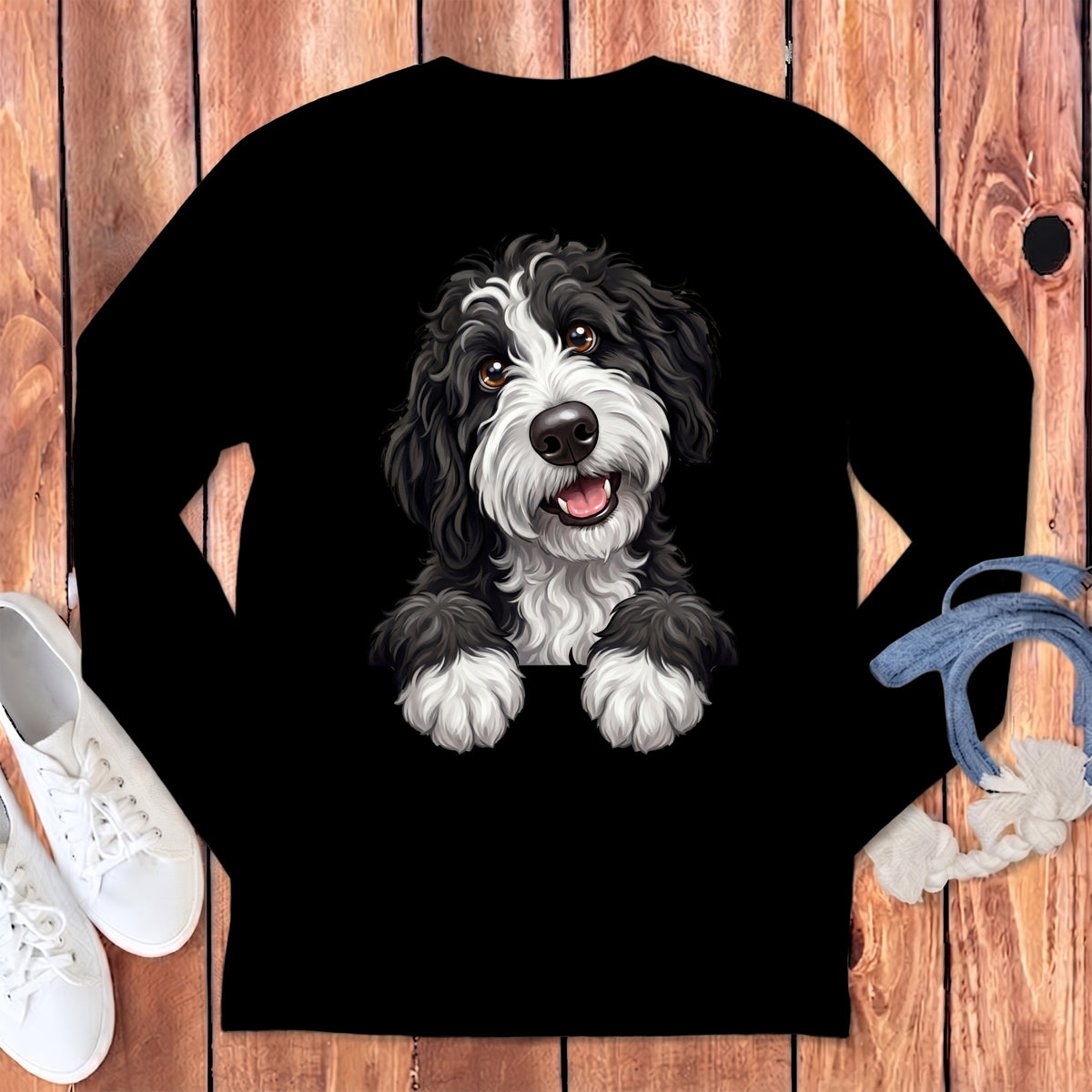 Black long-sleeved shirt featuring a black and white Bernese Mountain Dog graphic.