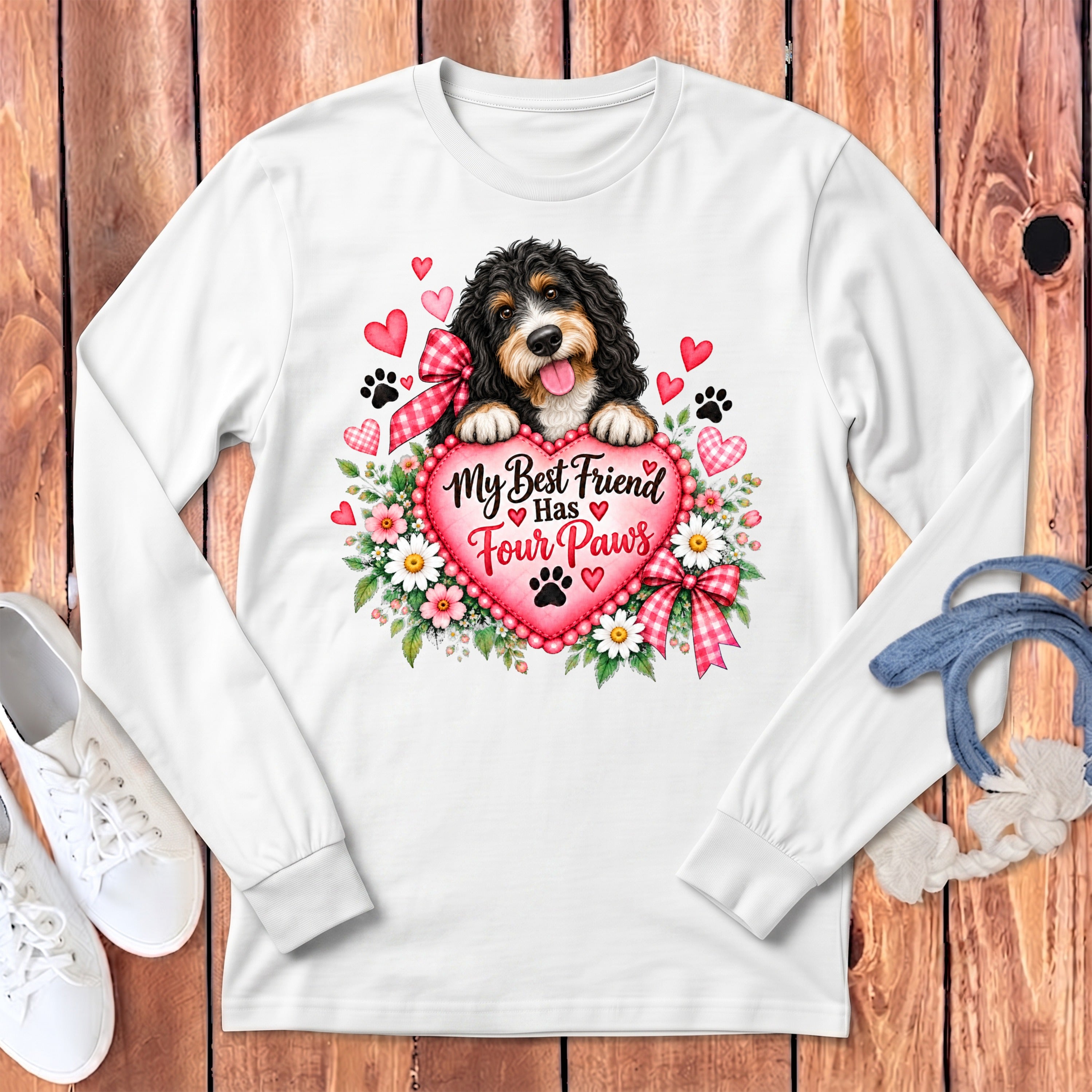 A white long-sleeve t-shirt with a graphic of a Bernedoodle holding a pink heart that reads, My Best Friend Has Four Paws.