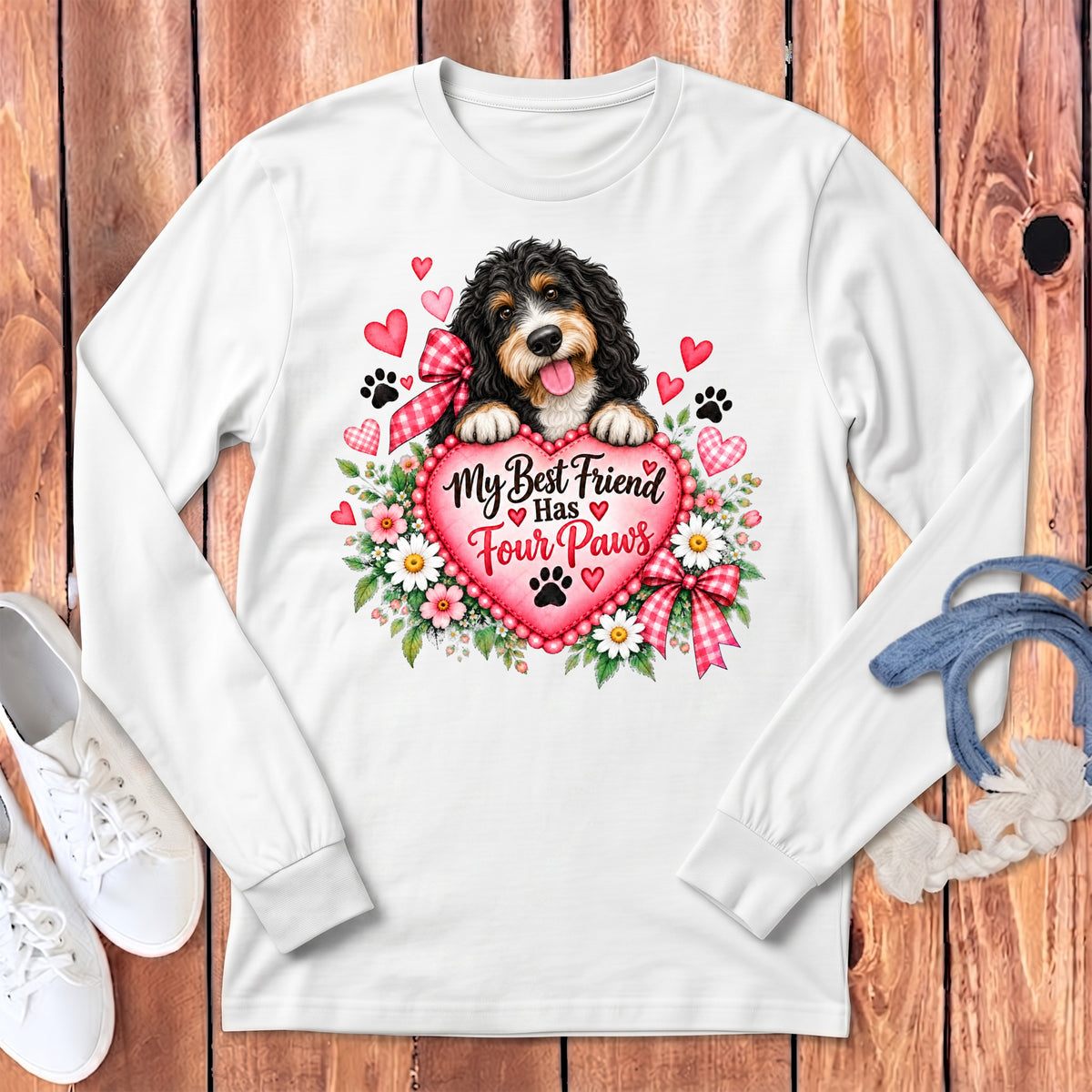 A white long-sleeve t-shirt with a graphic of a Bernedoodle holding a pink heart that reads, My Best Friend Has Four Paws.