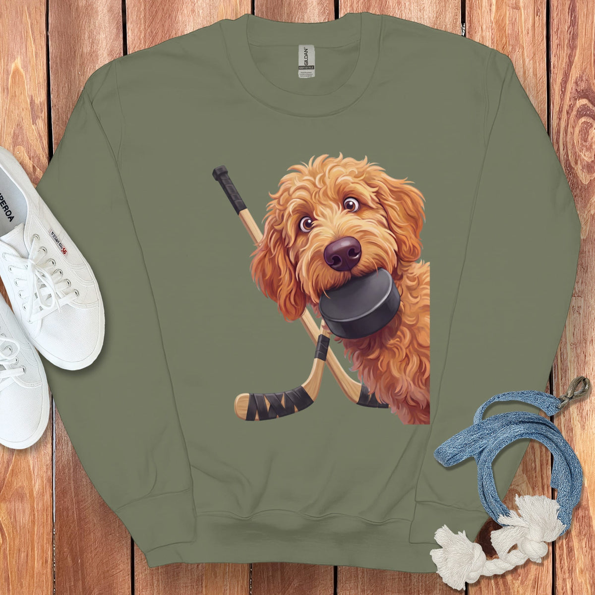 Apricot Goldendoodle Hockey Sweatshirt in Military Green / S by Puppy Jo
