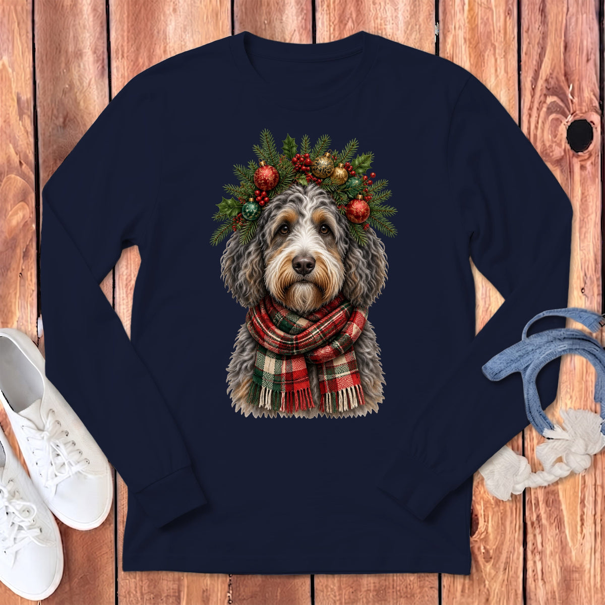 Aussiedoodle Holiday Crown Long Sleeve T-Shirt in Navy / S by MyDesigns