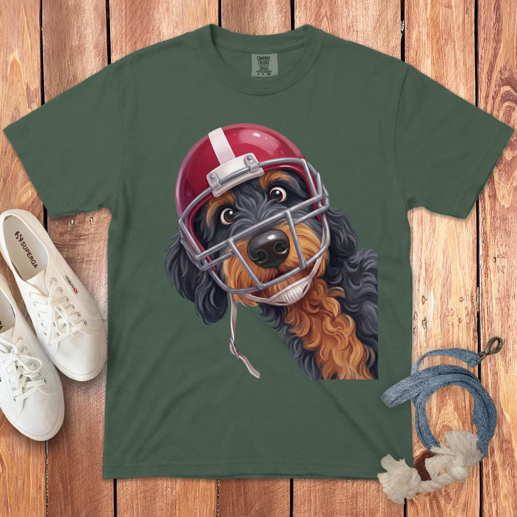 Phantom Goldendoodle Football Helmet Signature T-Shirt in Blue Spruce / S by Puppy Jo