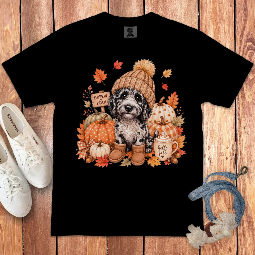 Merle Goldendoodle Pumpkin Patch Signature T-Shirt in Black / S by Puppy Jo