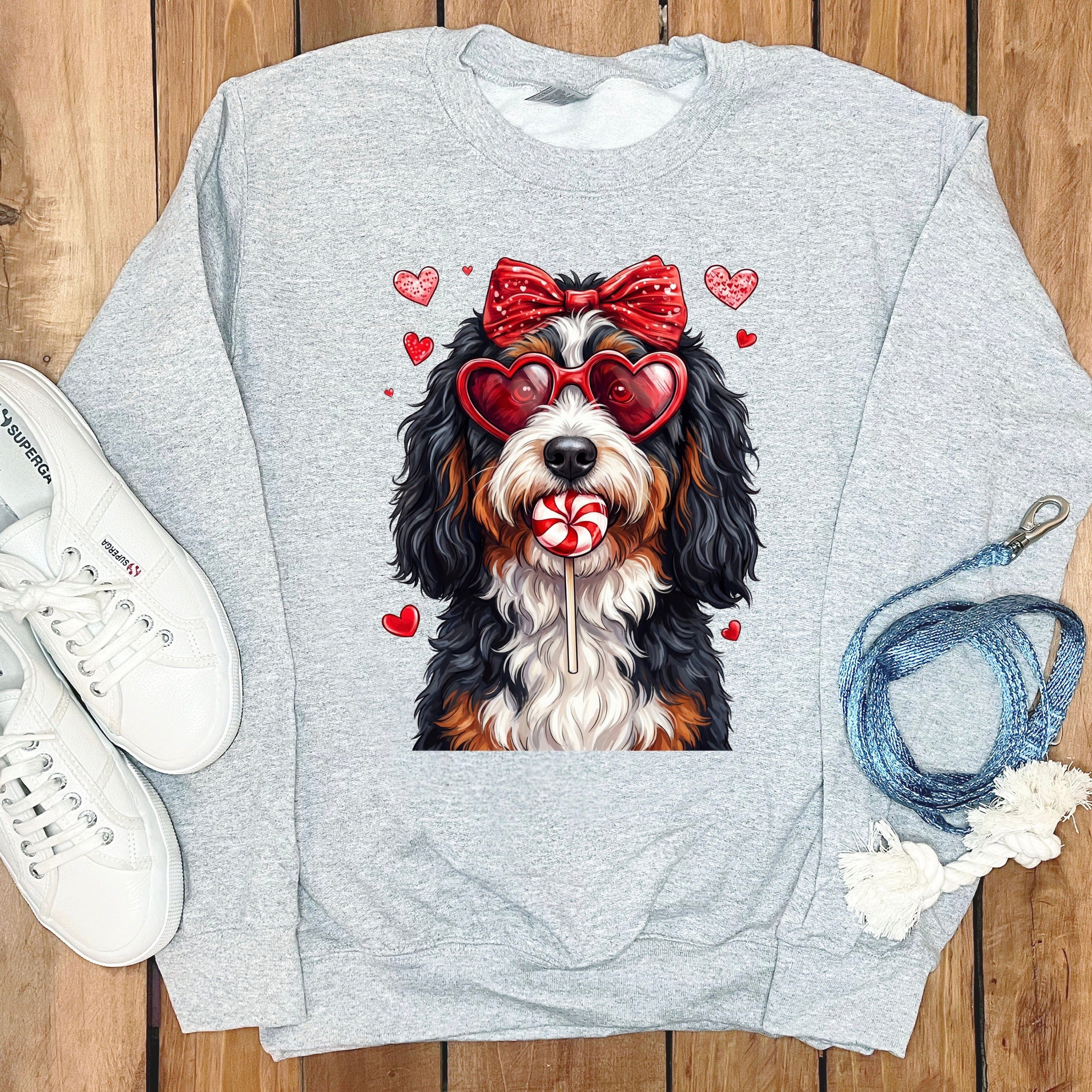 Adorable Dog with Heart Glasses and Candy Sweatshirt