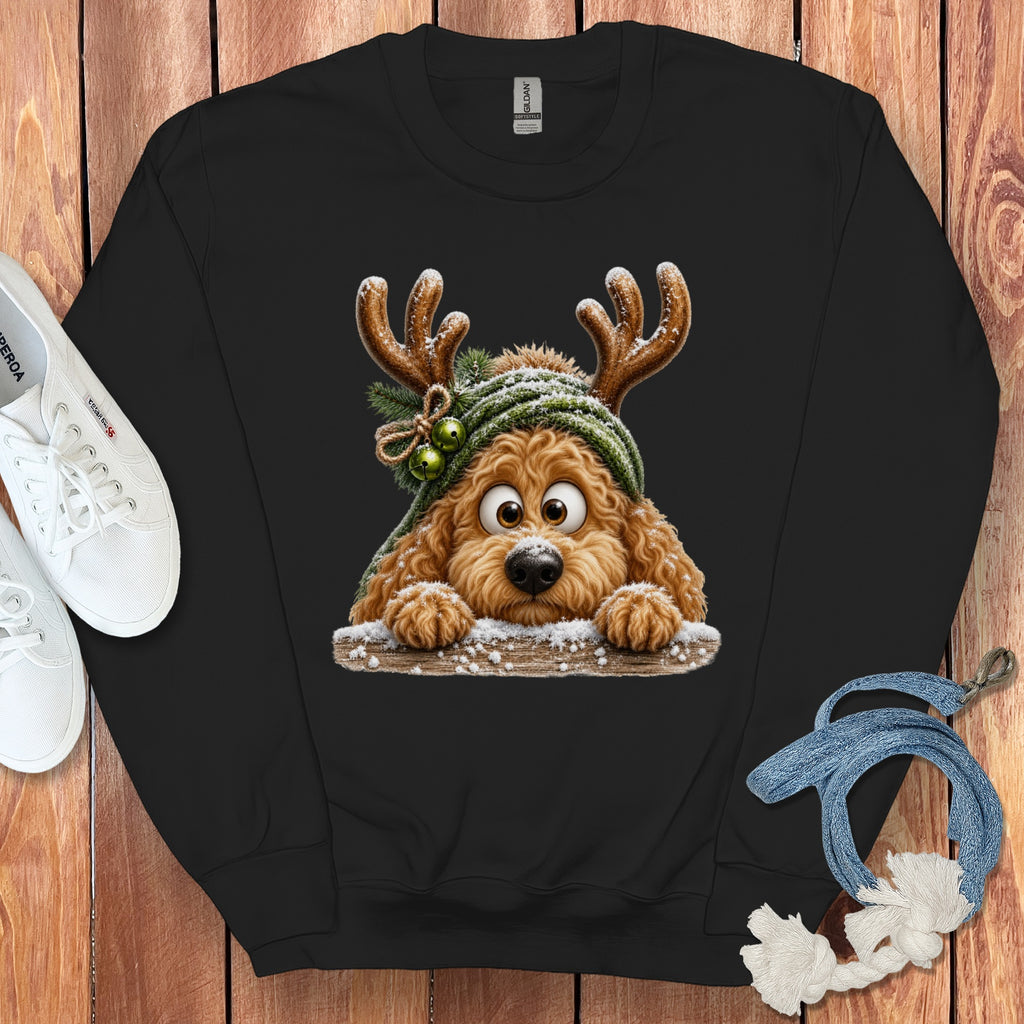 Black sweatshirt with a cartoon dog wearing reindeer antlers and a knitted hat.