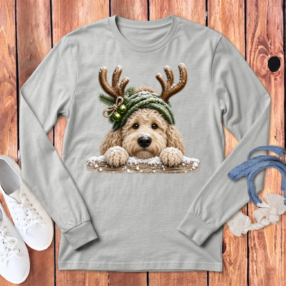 Light grey long-sleeve shirt with a doodle dog wearing reindeer antlers.