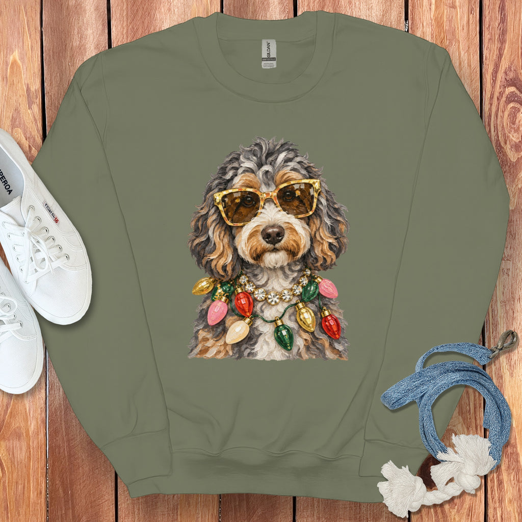 Crewneck sweatshirt with a doodle wearing sunglasses and a Christmas light necklace.