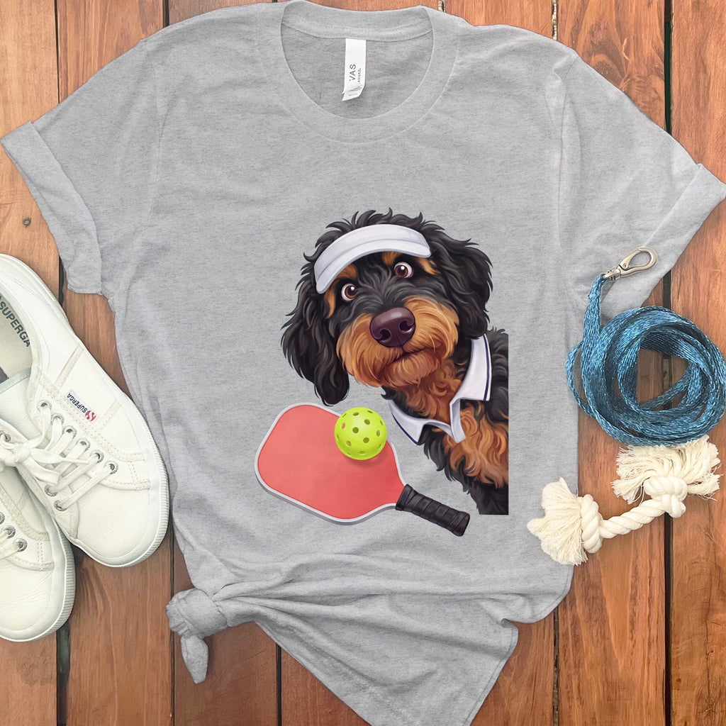 Phantom Goldendoodle Pickleball Player T-Shirt in Athletic Heather / S by Puppy Jo