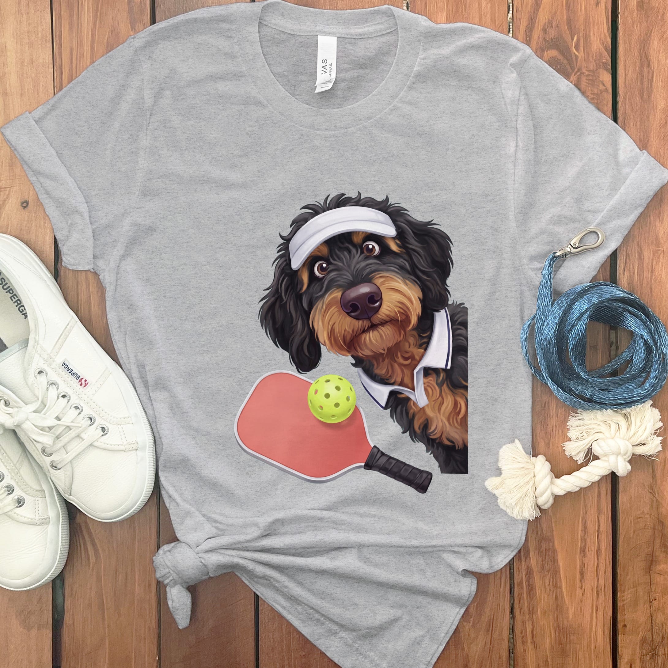 Phantom Goldendoodle Pickleball Player T-Shirt in Athletic Heather / S by Puppy Jo