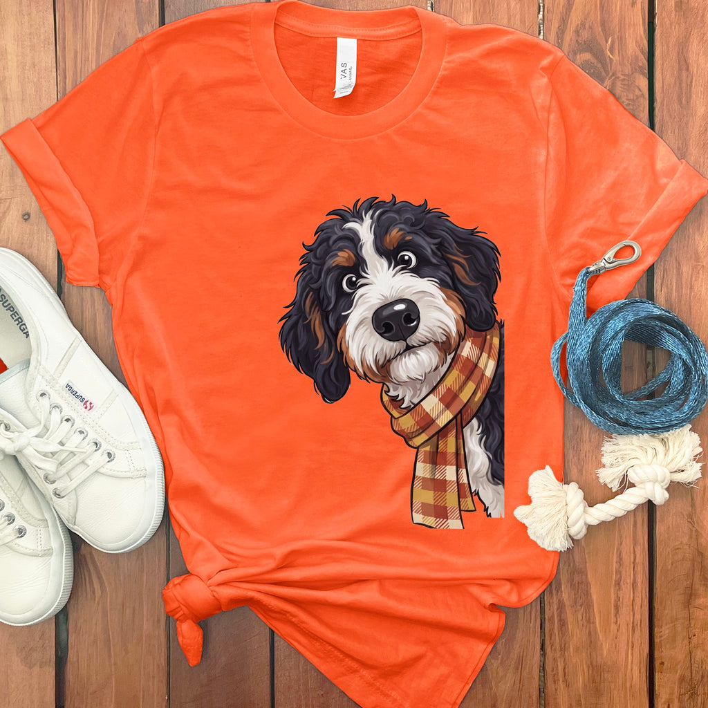 Orange t-shirt with a cartoon Bernese Mountain Dog wearing a plaid scarf.
