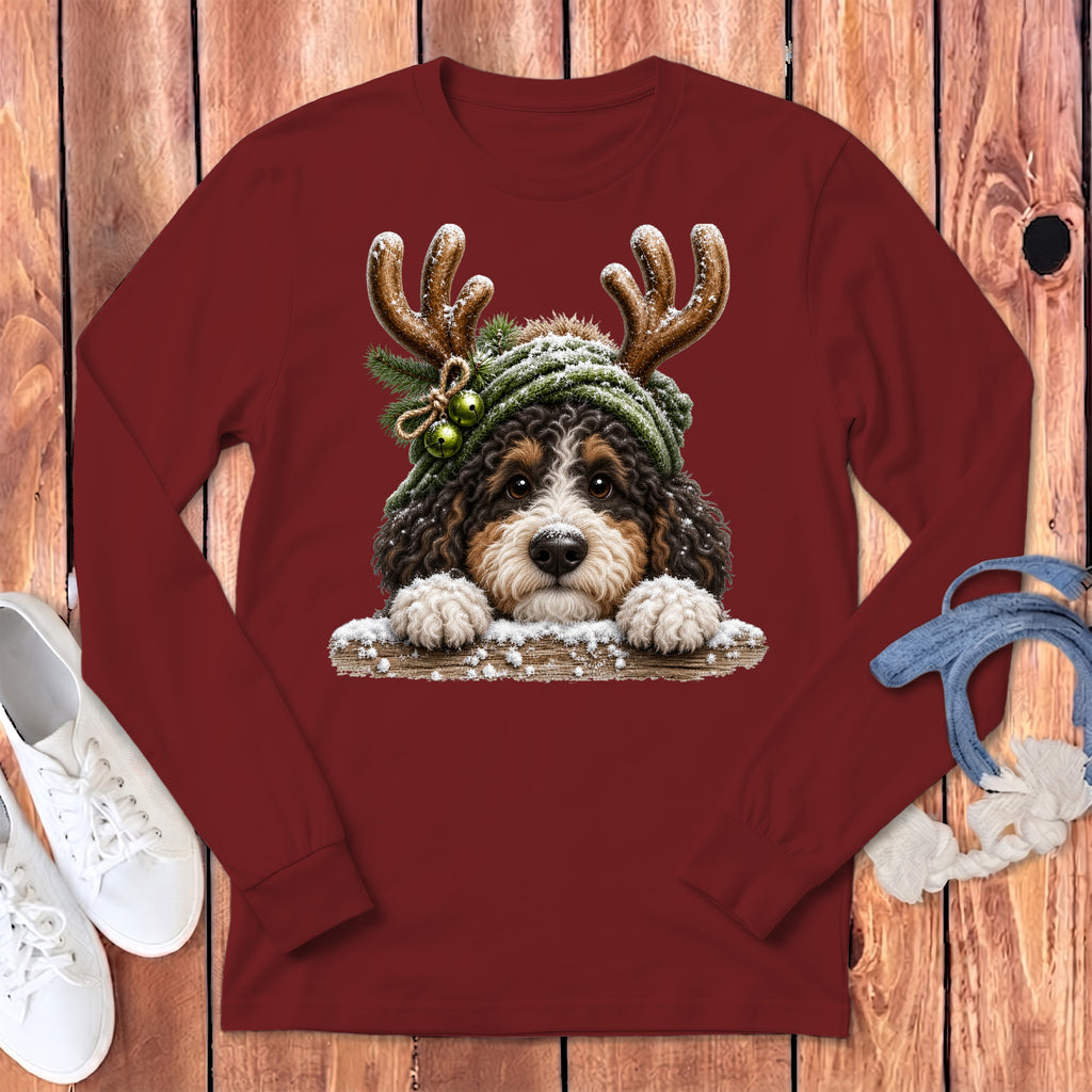 Bernese Mountain Dog wearing Santa hat with antlers and bells on a burgundy long-sleeve shirt.