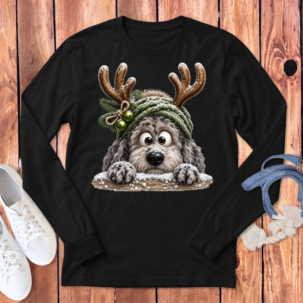Black long-sleeve shirt with a fluffy dog wearing reindeer antlers and a beanie with bells.