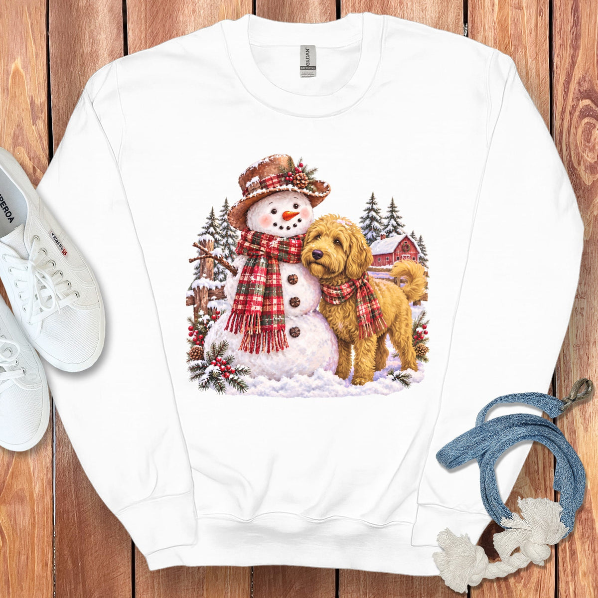 Golden Goldendoodle Christmas Snowman Sweatshirt in White / S by Puppy Jo