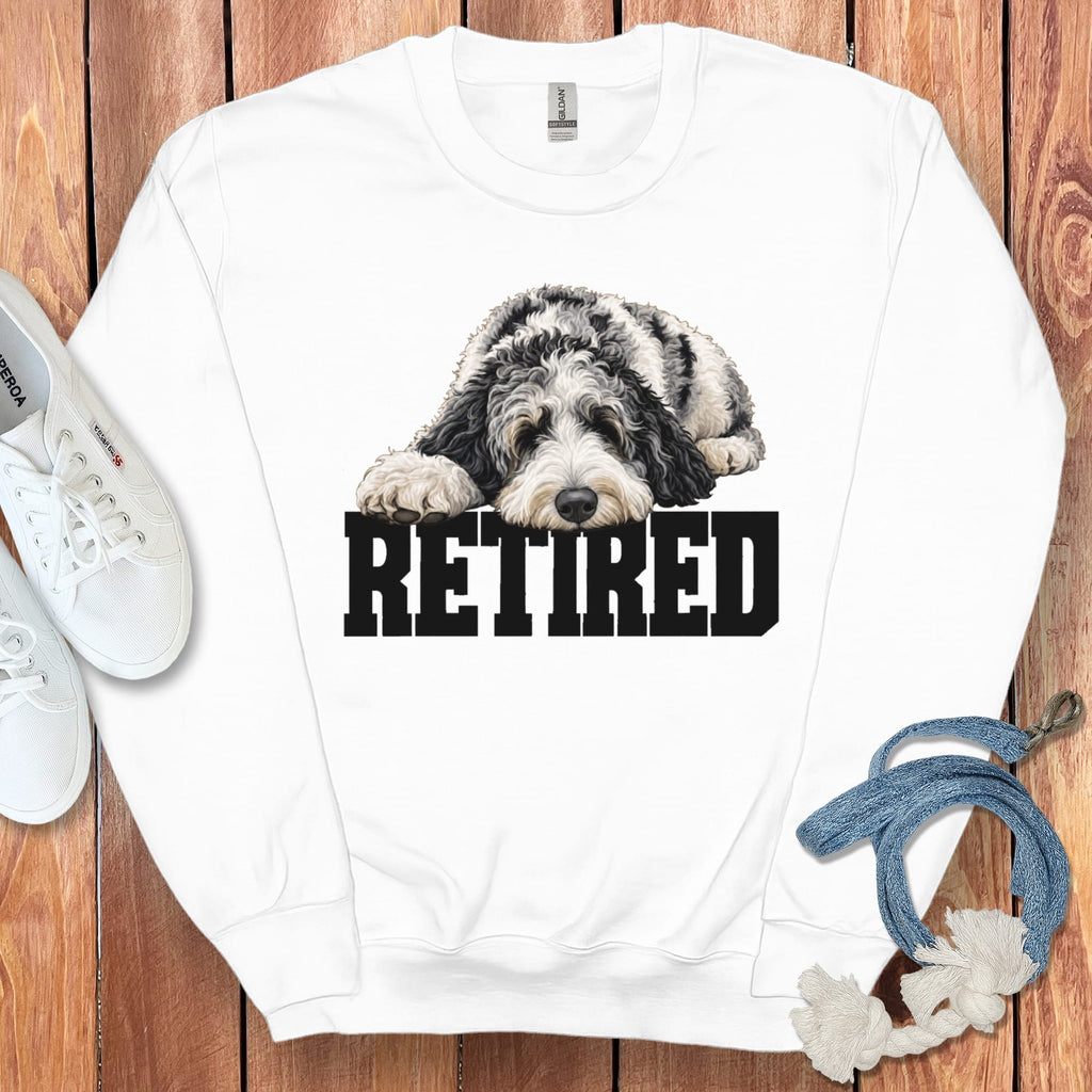 Retired Sleeping Merle Goldendoodle Sweatshirt in White / S by Puppy Jo