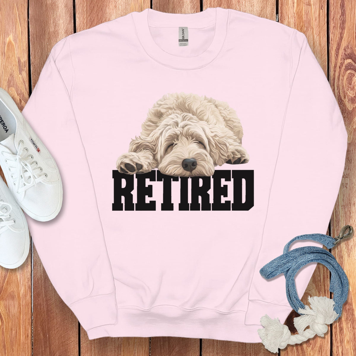 Retired Sleeping Cream Goldendoodle Sweatshirt in Light Pink / S by Puppy Jo