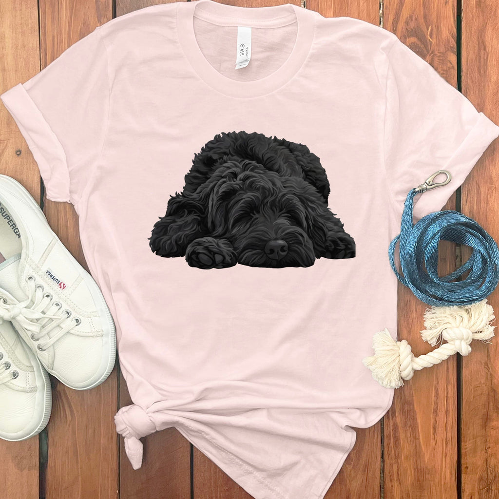 Black Goldendoodle Snoozing T-Shirt in Soft Pink / S by Puppy Jo