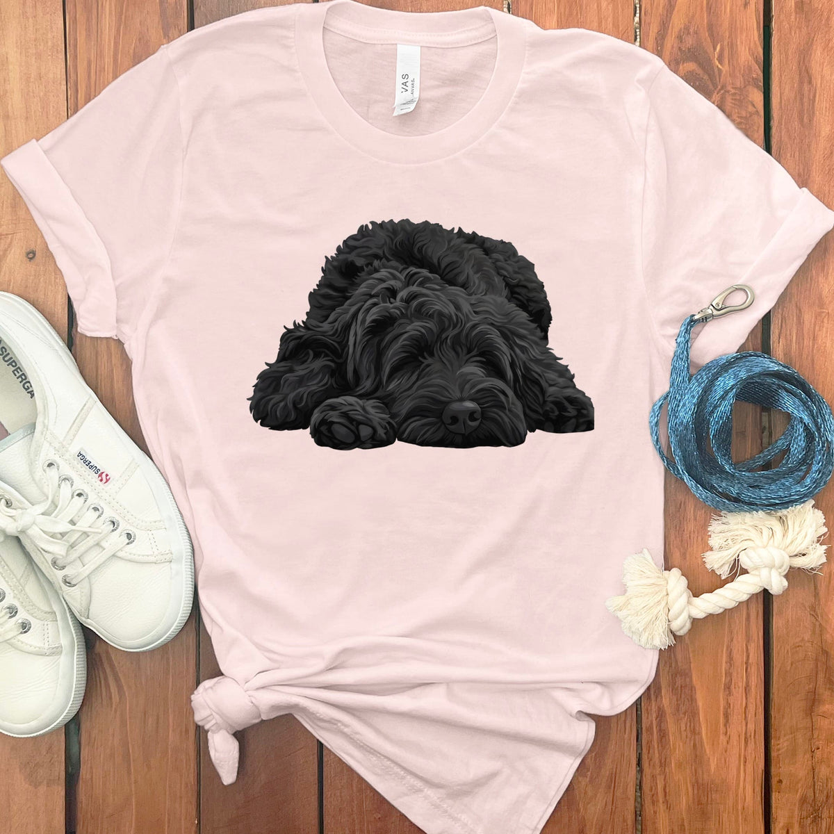 Black Goldendoodle Snoozing T-Shirt in Soft Pink / S by Puppy Jo