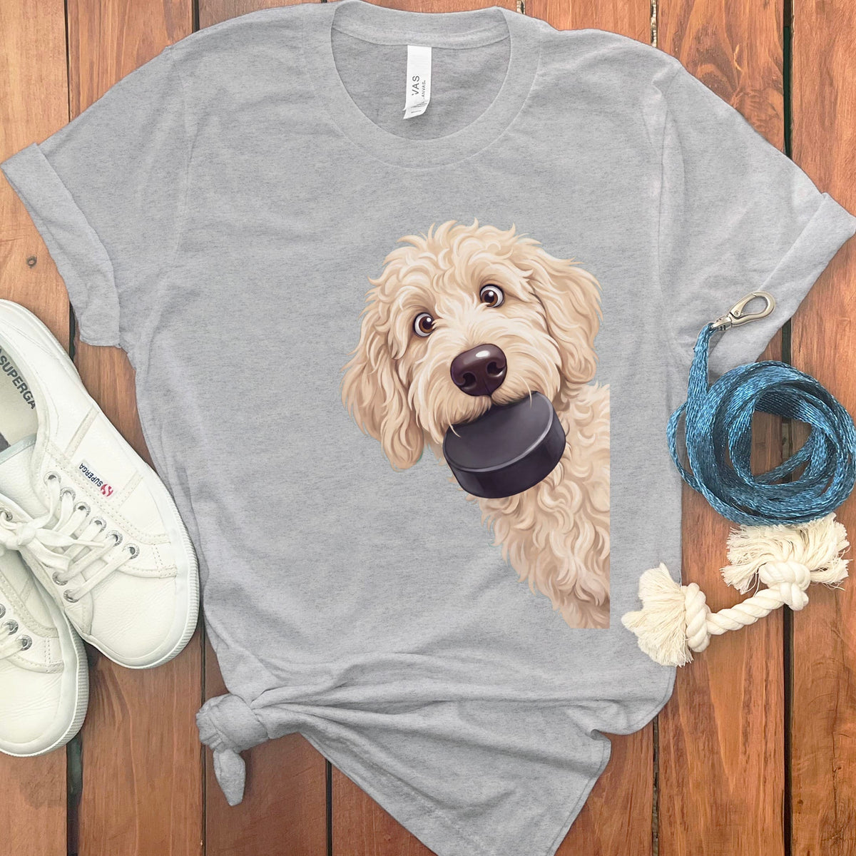 Cream Goldendoodle Hockey Puck T-Shirt in Athletic Heather / S by Puppy Jo