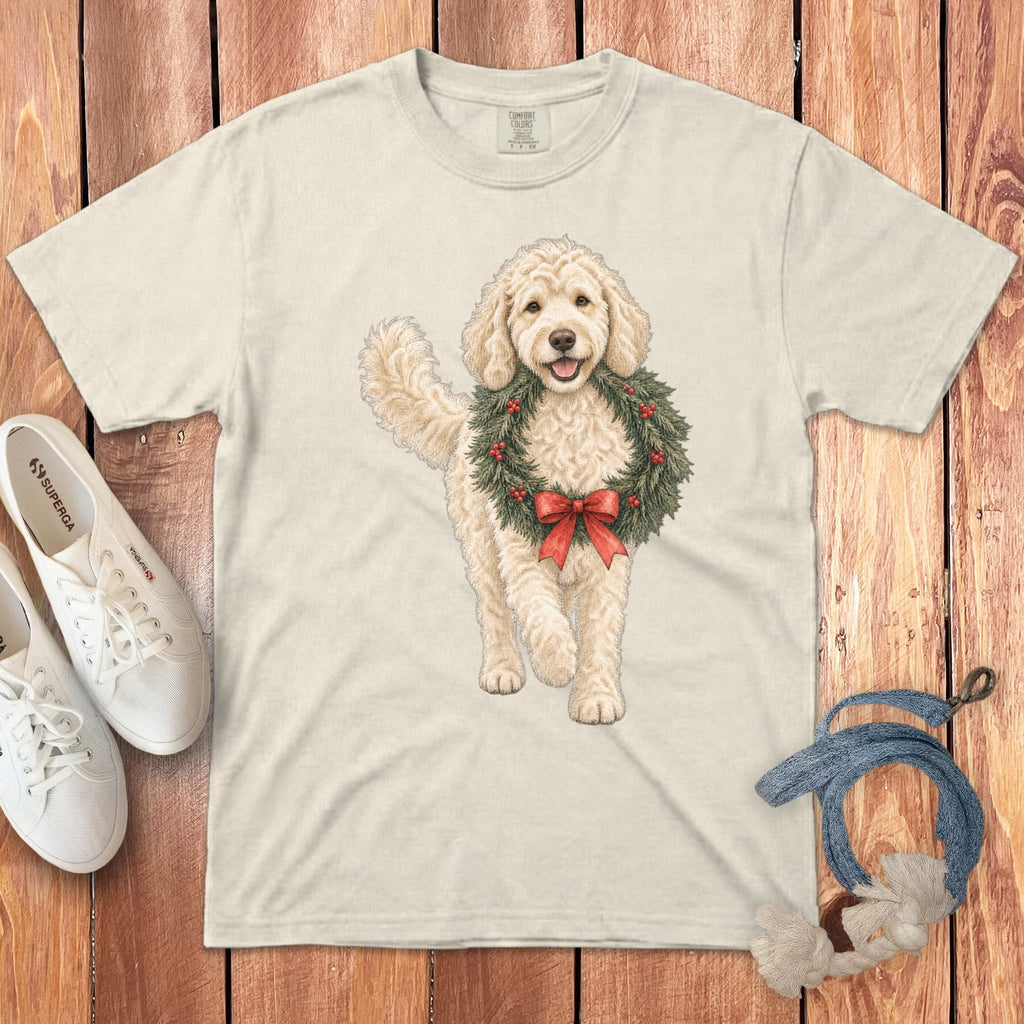 Cream Goldendoodle Wreath Signature T-Shirt in Ivory / S by Puppy Jo