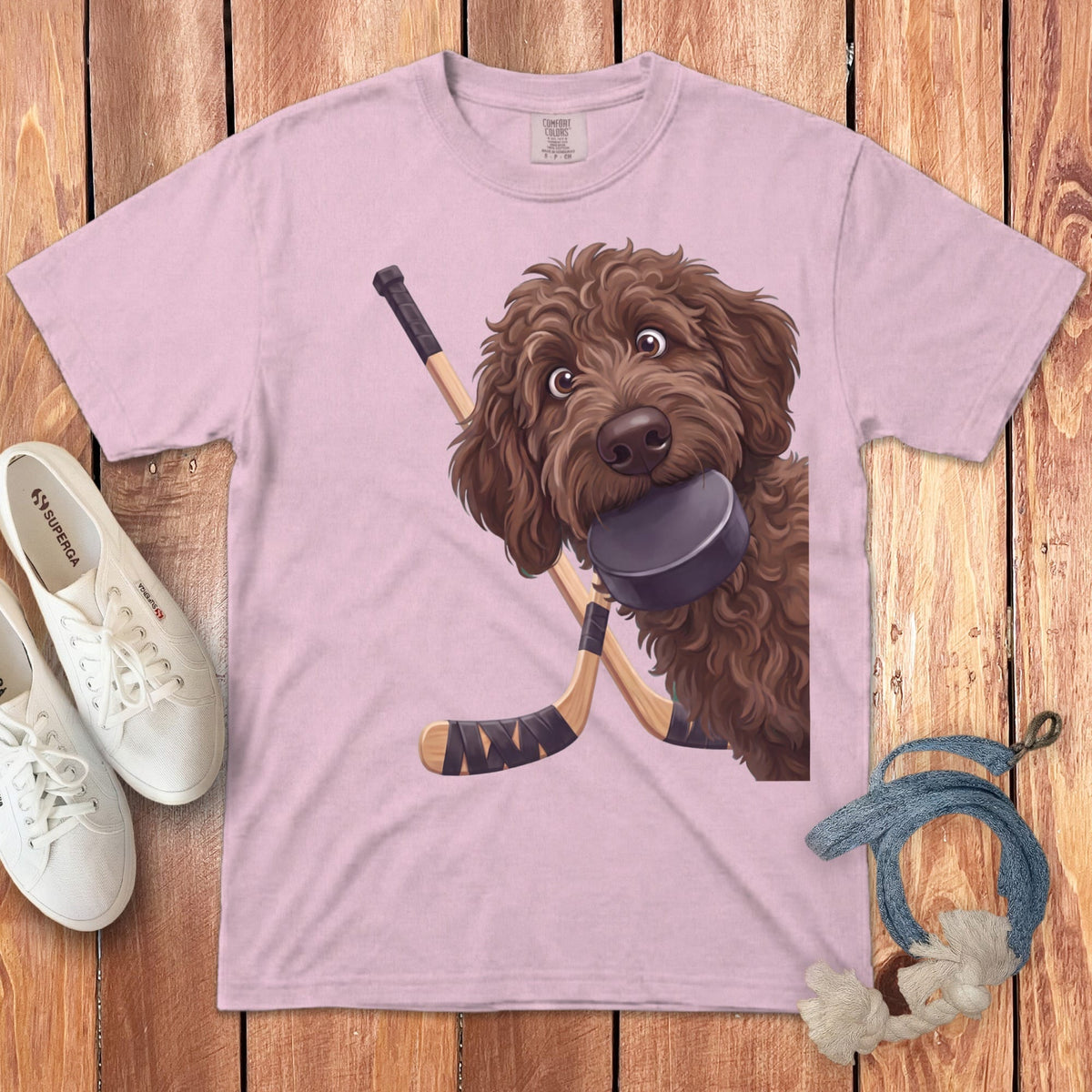 Chocolate Goldendoodle Hockey Signature T-Shirt in Blossom / S by Puppy Jo