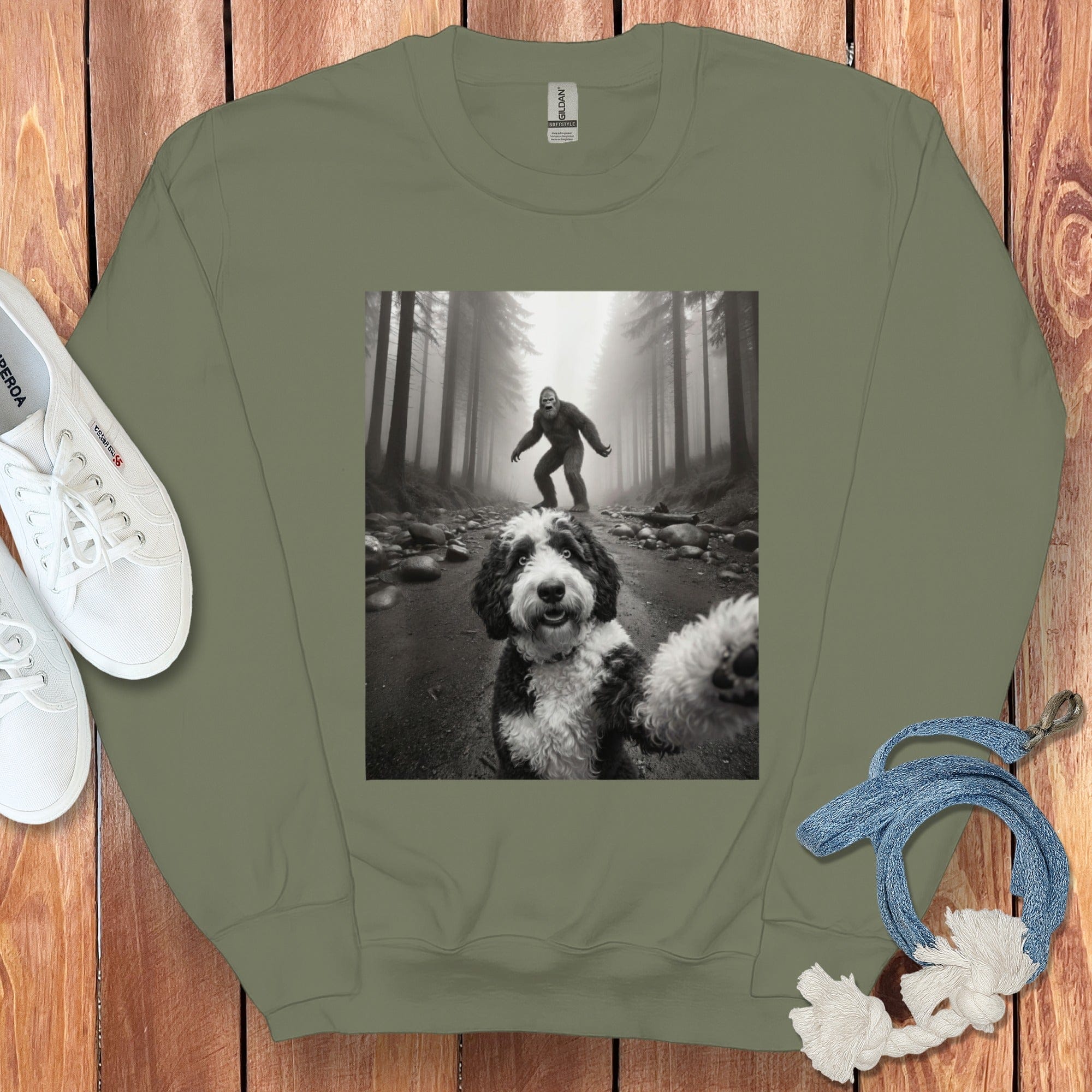 Bigfoot and Dog in Forest Graphic Sweatshirt