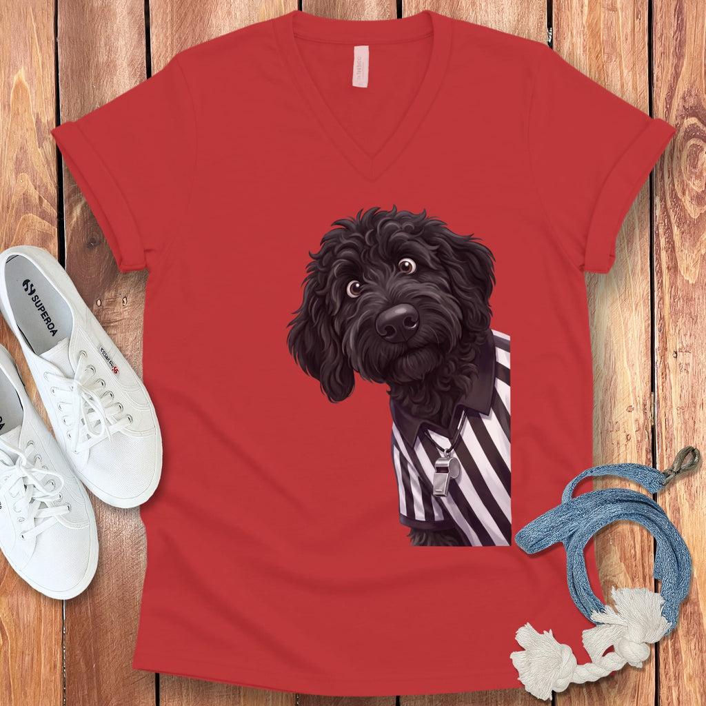 Black Goldendoodle Football Referee V-Neck T-Shirt in Red / S by Puppy Jo
