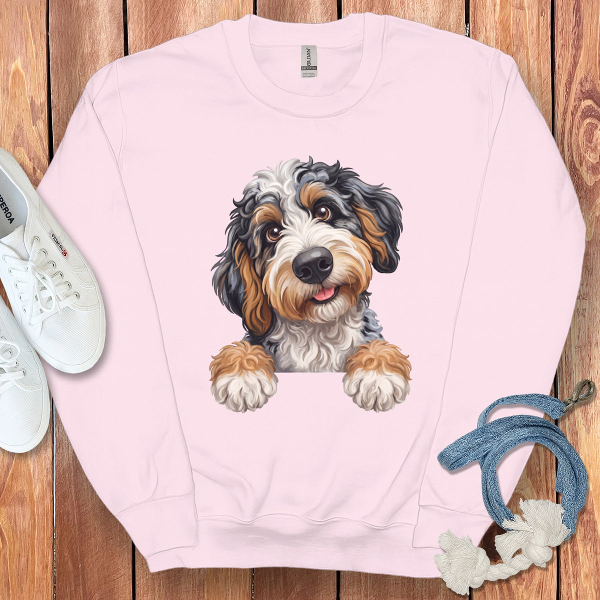 Pink sweatshirt with a painted Bernedoodle puppy design and white sneakers.