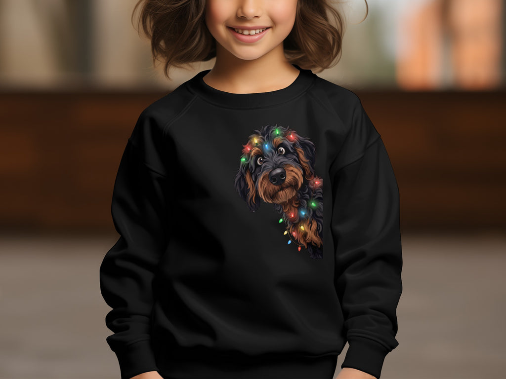 Black sweatshirt with a printed image of a dog wearing colorful Christmas lights.